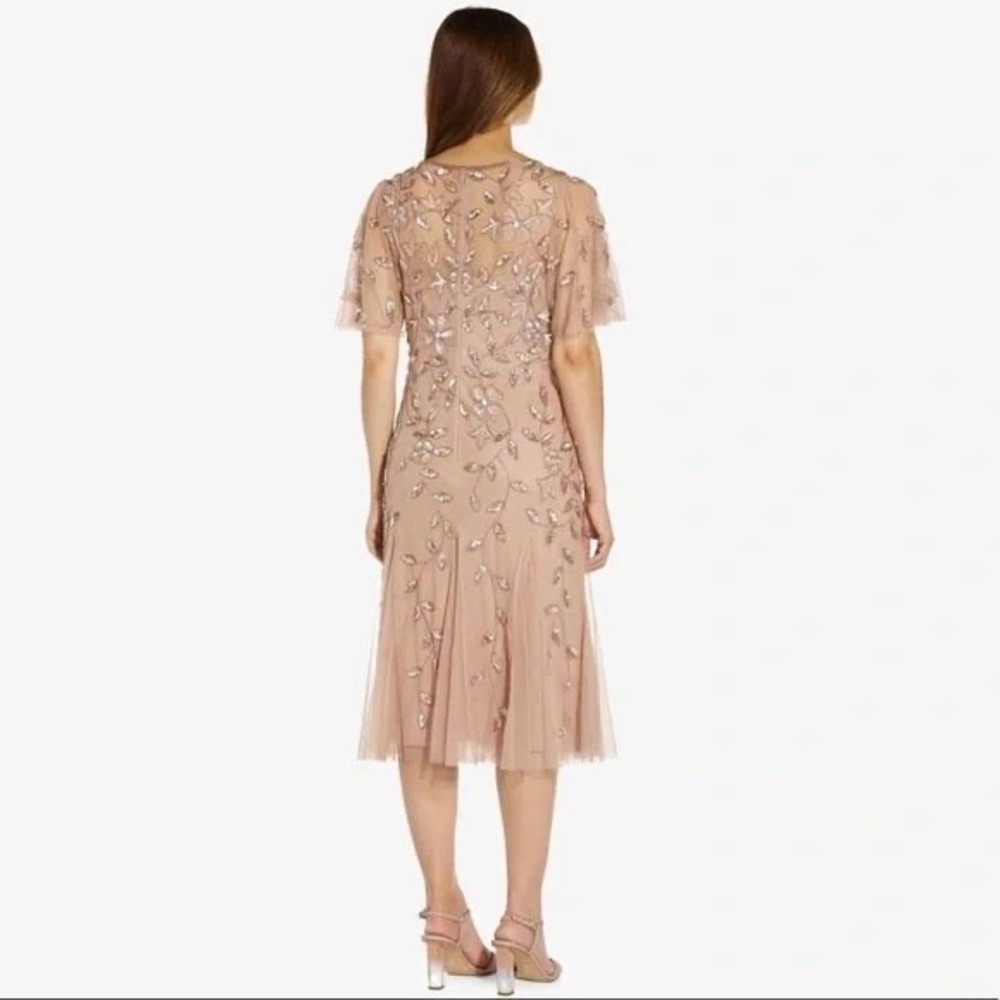 Adrianna Papell Beaded Sequin Mesh Midi Dress Rose Gold Flutter‎ Sleeve Size 2 - Picture 3 of 16